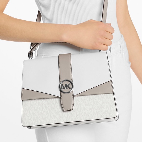 Michael Kors Greenwich Medium Color-Block Logo Satchel Bag Optic White Multi - Picture 1 of 9